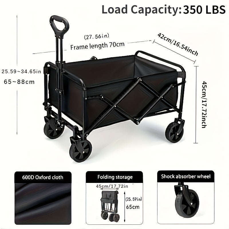 1pc Heavy Duty Collapsible Wagon - 350LBS Large Capacity, All-Terrain Wheels, Pet Carrier, Beach, Lawn, Shopping, Camping, 27.56" Utility Garden Cart-Black