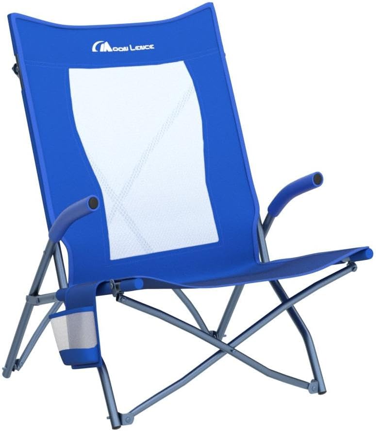 MOON LENCE 2 Pack Low Beach Lawn Lounge Chair, Outdoor Camping Chairs for Adults Folding, Portable, Comfortable with Arm Cushions, Cup Holder & Carry Bag(Blue)