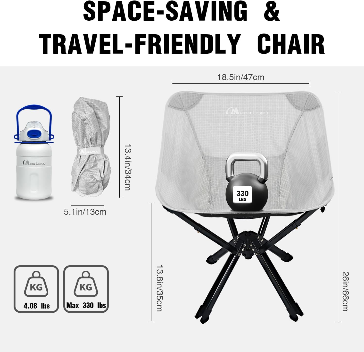 MOON LENCE Portable Camping Chair, Folding Chair for Outdoor Camp, Ligthweight, Heavy Duty, 330lbs, Compact for Backpacking, Outdoor, Beach, Picnic, Hiking (Grey)