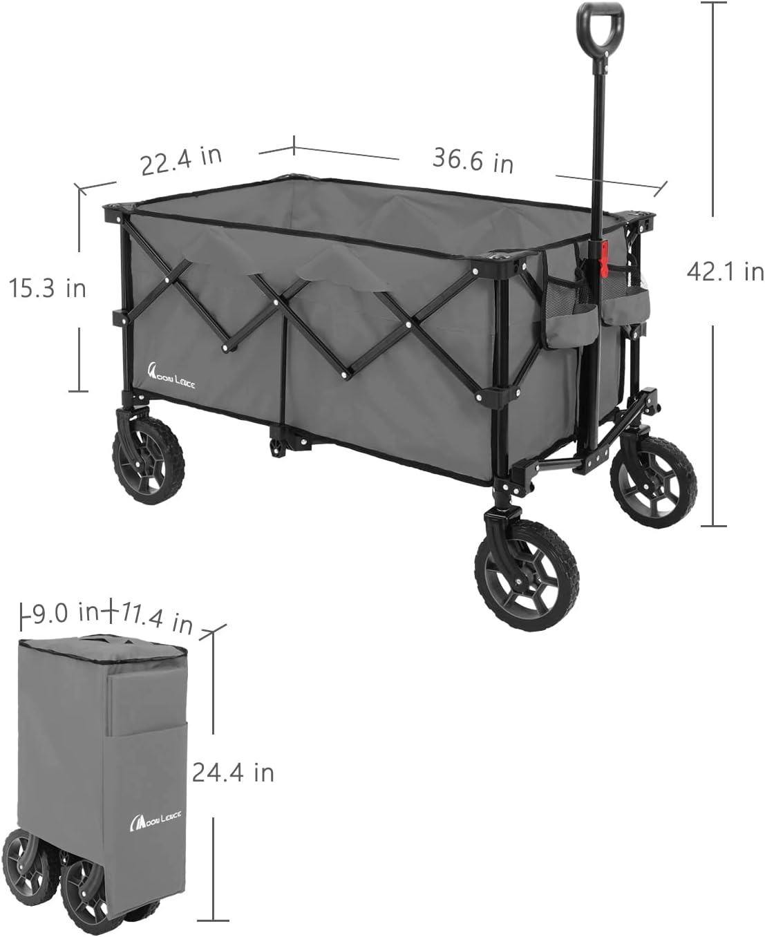 Moon Lence Collapsible Folding Wagon Cart Heavy Duty Folding Garden Portable Hand Cart with All-Terrain Beach Wheels, Adjustable Handle & Drink Holders (Grey)