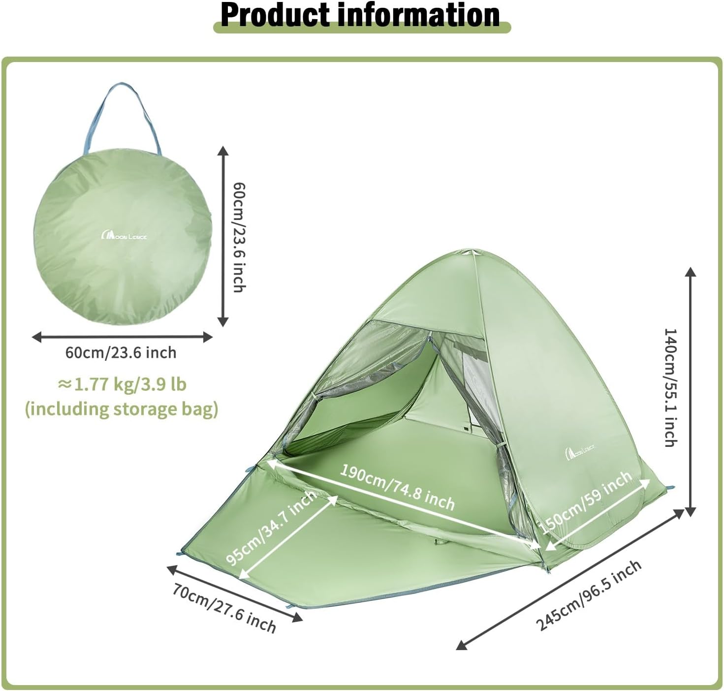 MOON LENCE Portable Pop-Up Beach Tent, Waterproof & UV Protected, Instant Setup Sun Shelter with Extended Floor & 2 Mesh Windows, Fits 3-4 People, Ideal for Camping, Outdoor Adventures, Picnics