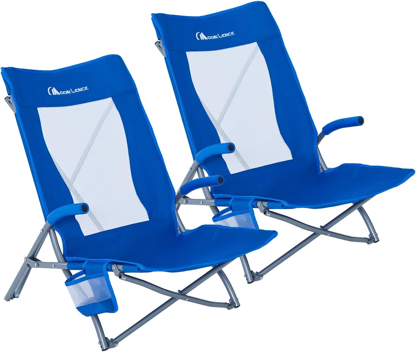 MOON LENCE 2 Pack Low Beach Lawn Lounge Chair, Outdoor Camping Chairs for Adults Folding, Portable, Comfortable with Arm Cushions, Cup Holder & Carry Bag(Blue)