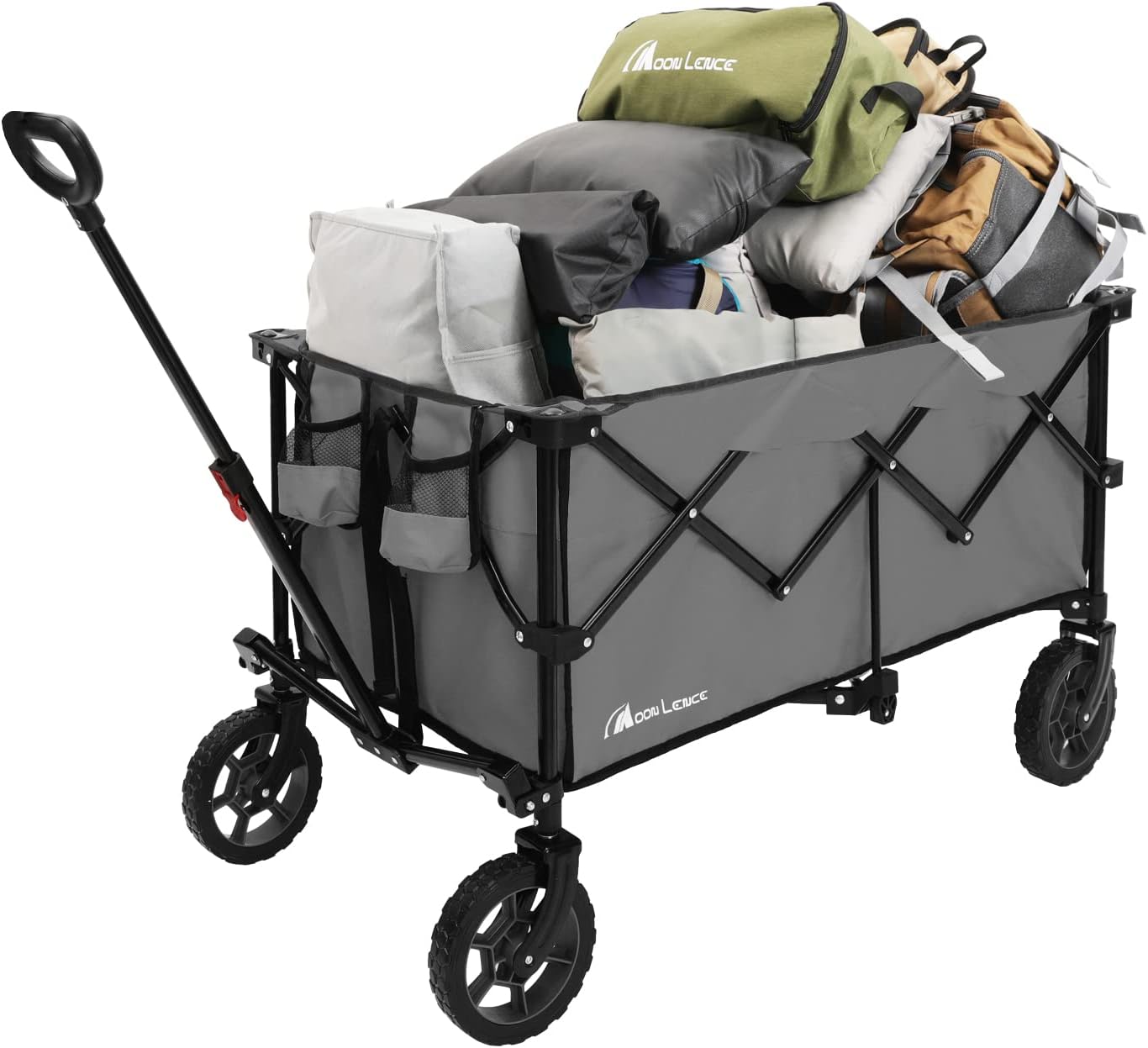 Moon Lence Collapsible Folding Wagon Cart Heavy Duty Folding Garden Portable Hand Cart with All-Terrain Beach Wheels, Adjustable Handle & Drink Holders (Grey)