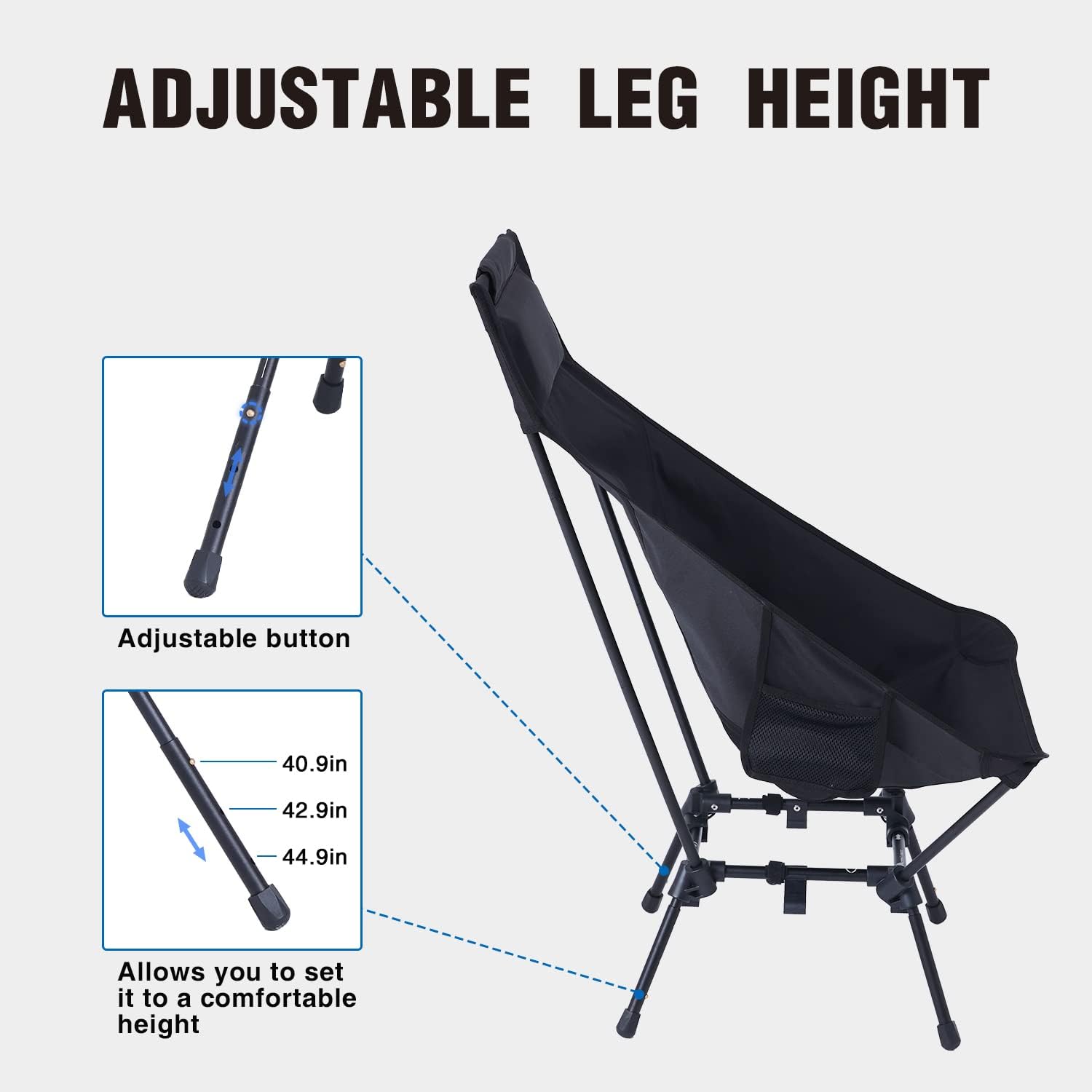 MOON LENCE Portable Camping Chairs for Adults, Adjustable Oversize Beach Chair Lawn Chair with High Back - Large Capacity, Heavy Duty - Backpacking Chair Folding Chair for Hiking Fishing, Black