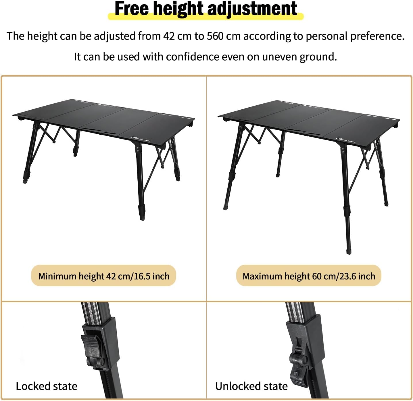 MOON LENCE Camping Table, Outdoor Folding Portable Picnic Camping Table with Adjustable Legs,Easy Set Up Camping Table with Storage Bag for Camping, Beach (L)