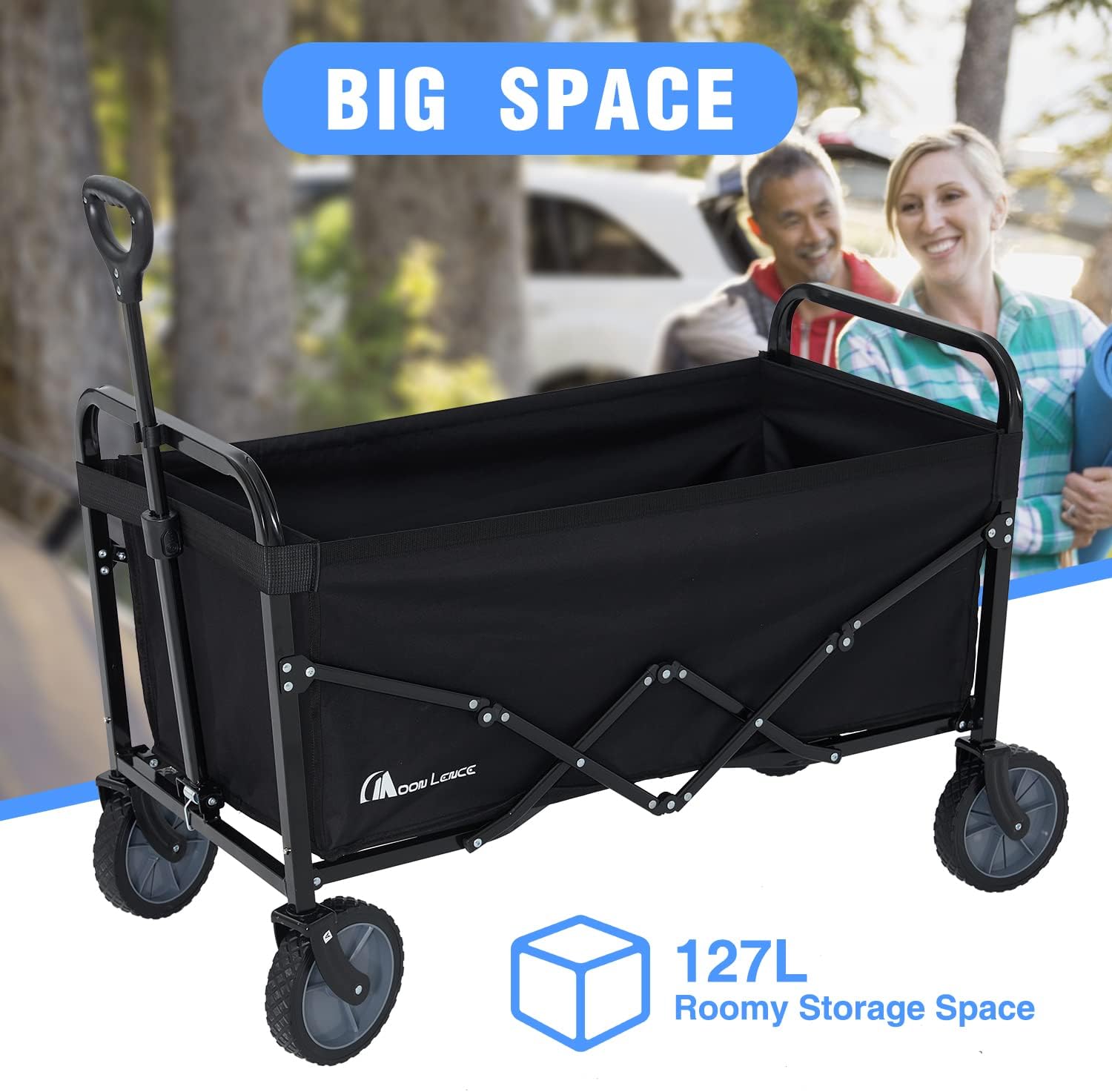 Moon Lence Collapsible-Wagon with Large Capacity, Utility Wagons Carts Heavy-Duty-Foldable, Portable Folding Wagon with All-Terrain Wheels, Garden Cart for Beach, Sports, Shopping, Camping