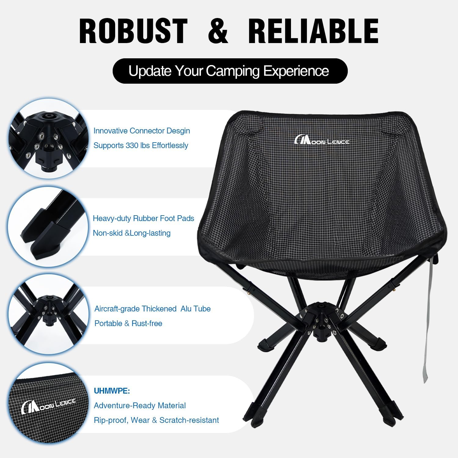 MOON LENCE Portable Camping Chair, Folding Chair for Outdoor Camp, Ligthweight, Heavy Duty, 330lbs, Compact for Backpacking, Outdoor, Beach, Picnic, Hiking (Black)