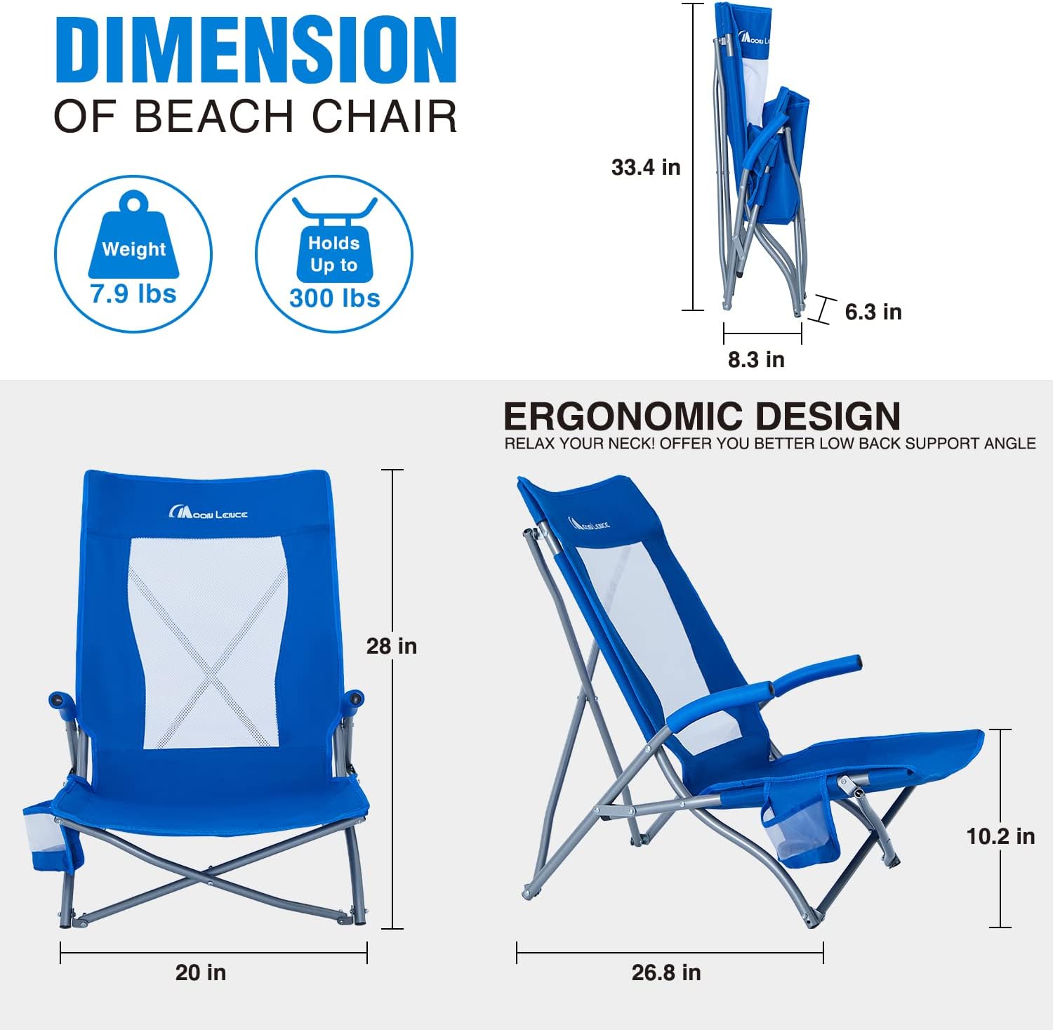 MOON LENCE 2 Pack Low Beach Lawn Lounge Chair, Outdoor Camping Chairs for Adults Folding, Portable, Comfortable with Arm Cushions, Cup Holder & Carry Bag(Blue)