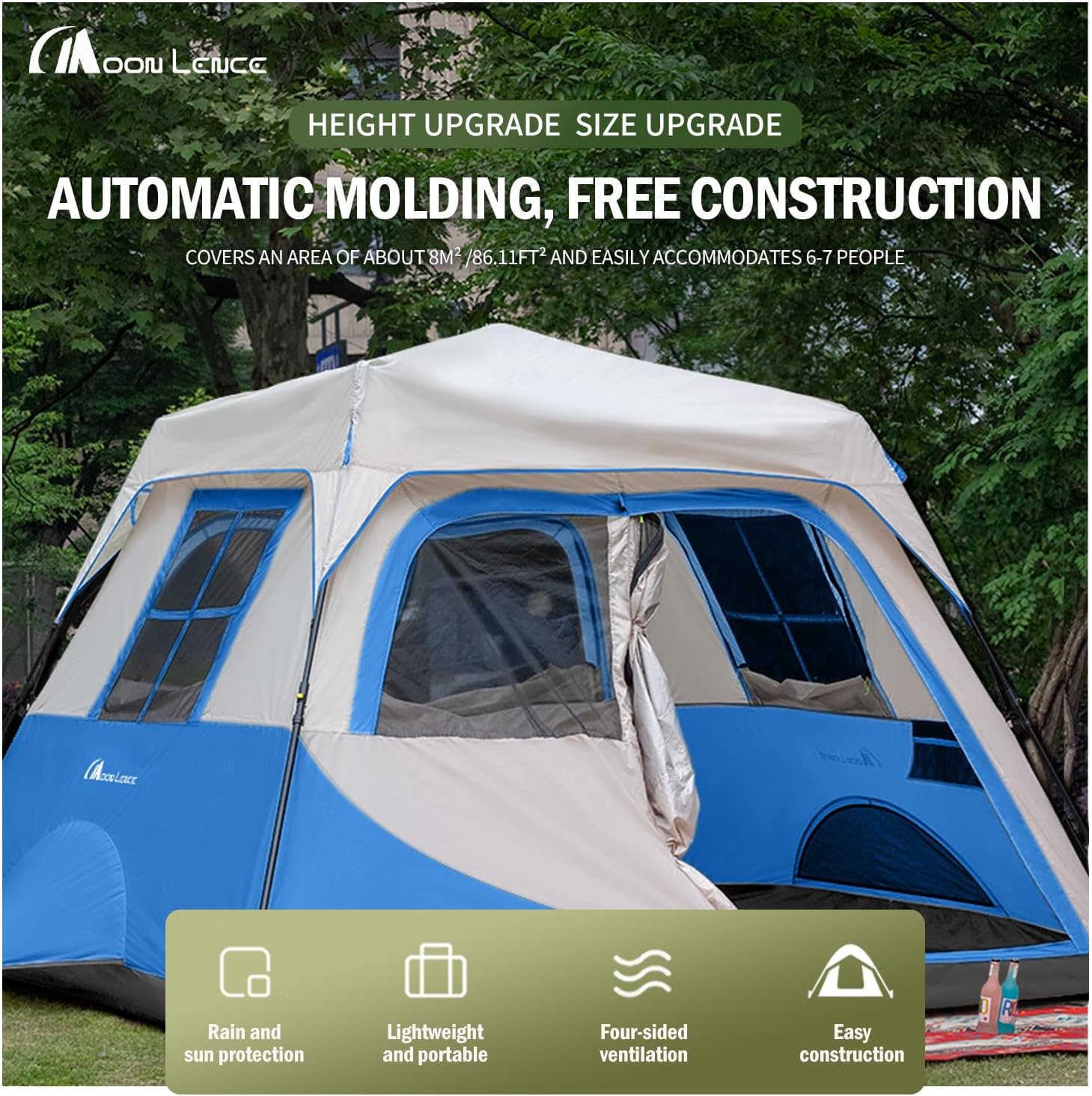 Moonlence Instant Cabin Tent 4/6/8 Person Camping Tent Waterproof with Removable Rainfly for Family Easy Set Up Camp Tent